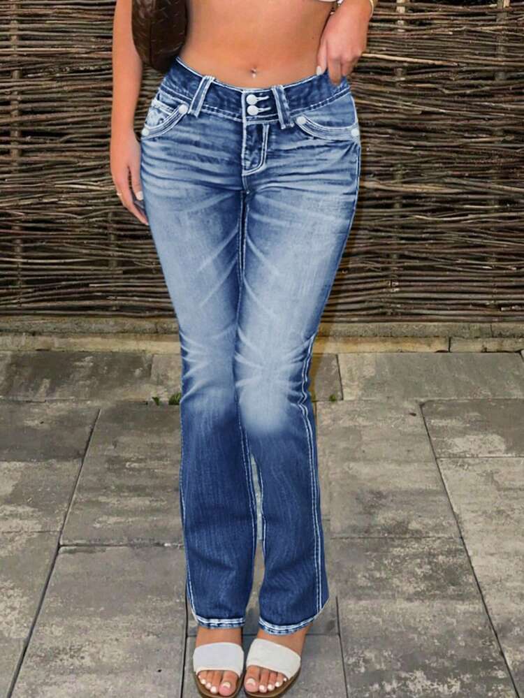 Women's Low-Rise Flared Jeans Stretch Trousers Double-Button Fly Butt-Lifting Pockets Sexy Y2K Retro Style Date Outfit - Medium Wash - View 2