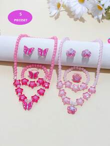 5pcs/10pcs Girls Pink Charm Beaded Butterfly, Pentagram, Flower Bracelet, Necklace, Ring, Earrings Jewelry Set, Suitable For BFFs, Little Sisters, Daily, Party, Birthday Gift - Multicolor - View 1