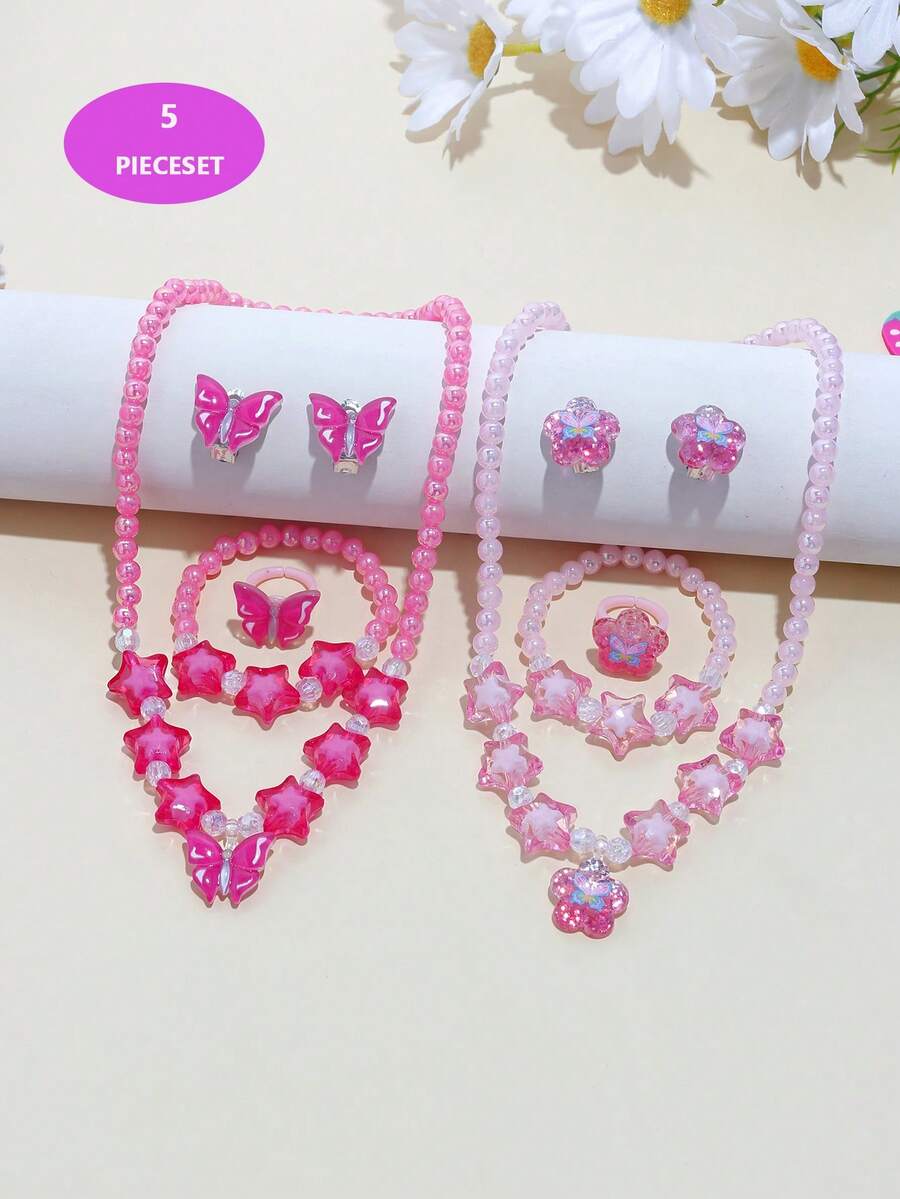 5pcs/10pcs Girls Pink Charm Beaded Butterfly, Pentagram, Flower Bracelet, Necklace, Ring, Earrings Jewelry Set, Suitable For BFFs, Little Sisters, Daily, Party, Birthday Gift - Multicolor - View 1