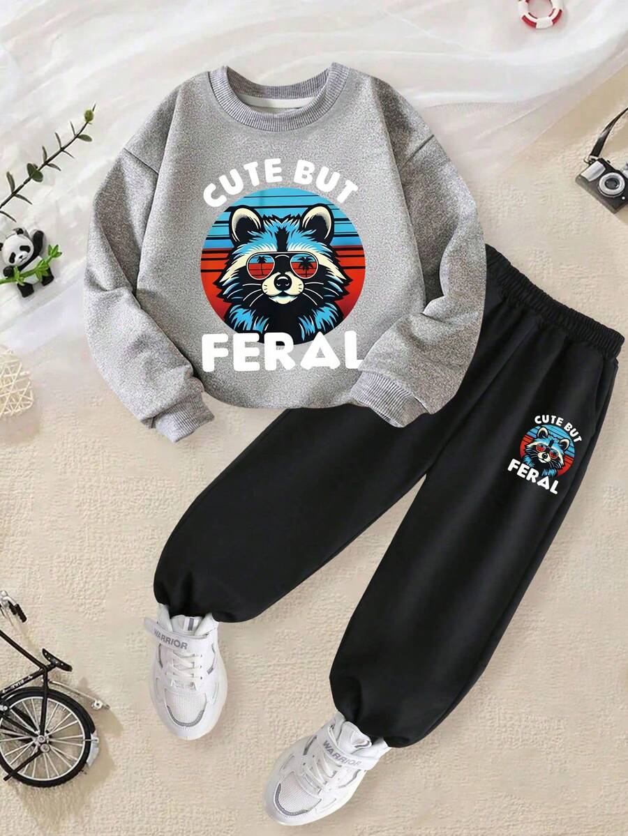 2pcs Tween Boy Retro Pop Style Raccoon Print Round Neck Sweatshirt+Retro Pop Style Raccoon Print Pants Suit Autumn Winter Collection - Multicolor - View 1