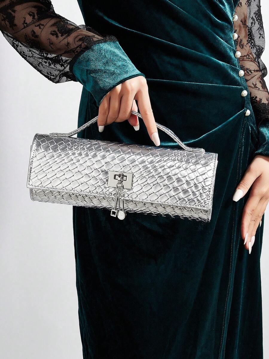 Fashionable Shiny Crocodile Pattern Handbag, Luxury Women's New Party Bag Clutch, Exquisite Long Prom Bag With Hardware Pendant, Suitable For Women To Match With Gorgeous Banquet Dresses, Suitable For Summer Parties, Gatherings, Dinners, Weddings - Bạc - Xem 1