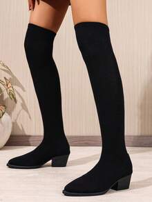 时尚简约女士黑色弹力靴，舒适弹力材质，防滑尖头过膝长靴，袜靴，适合秋冬季日常穿着，性感