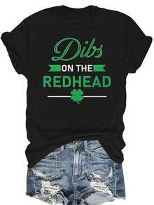 Camiseta "Dibs on the Redhead" para el Día de San Patricio, para mujer y unisex, de verano, casual, transpirable, con personalidad, cuello redondo, manga corta, ropa de calle, versátil, adecuada para adolescentes y adultos - Negro - Ver 1