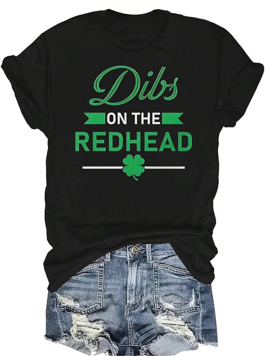 Camiseta "Dibs on the Redhead" para el Día de San Patricio, para mujer y unisex, de verano, casual, transpirable, con personalidad, cuello redondo, manga corta, ropa de calle, versátil, adecuada para adolescentes y adultos - Negro - Ver 1