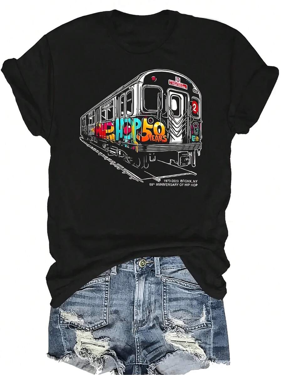 Camiseta de algodón con estampado de tren - Perfecta para actividades al aire libre, Camiseta de mujer y unisex de manga corta, casual de verano, transpirable, de cuello redondo, de manga corta, ropa de calle, versátil, adecuada para adolescentes y adultos - Negro - Ver 1