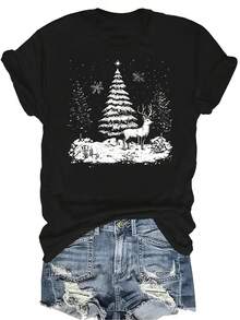 Camiseta de Navidad con renos para mujer y unisex, de verano, casual, transpirable, con cuello redondo, manga corta, estilo callejero y versátil, adecuada para adolescentes y adultos - Negro - Ver 1