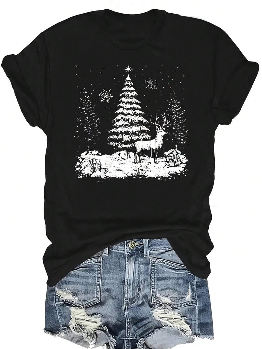 Camiseta de Navidad con renos para mujer y unisex, de verano, casual, transpirable, con cuello redondo, manga corta, estilo callejero y versátil, adecuada para adolescentes y adultos - Negro - Ver 1
