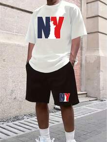 Conjunto de Camiseta  algodão Casual de Manga curta  gola Redonda + short tactel Verão para Homens Cintura com Cordão