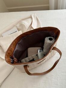 Straw Woven Tote Bag For Women, Fashion Vacation Beach Bag, Large Capacity Versatile Commuter Shoulder Bag - Coffee Brown - View 4