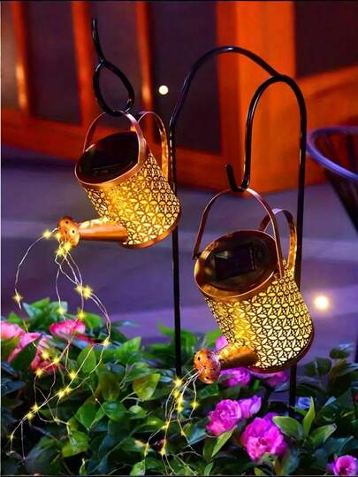 Solar Watering Can With String Lights - Vintage Metal Fairy Kettle Lamp, Outdoor Garden Decor For Pathways, Lawns, Patios, Decks, And Courtyards | Suitable For Christmas, Festivals, Parties, All-Season Use | Solar-Powered Light | Metallic Finish, Waterfall Effect
