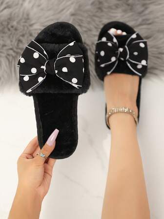 2025 新款女式人造毛皮闪亮蝴蝶结和水钻装饰露趾舒适室内拖鞋，性感时尚，适合春、夏、秋、冬