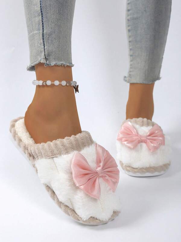 Women's Fluffy Criss-Cross Strap Platform Slippers, Bow Decor Comfortable Soft Open Toe Non-Slip Indoor Slippers, Home Slippers