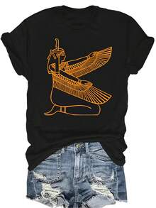 Camiseta con el jeroglífico del dios egipcio Ma de Egipto antiguo, para mujer y unisex, de verano, casual, transpirable, de personalidad, de cuello redondo, de manga corta, de uso versátil, adecuada para adolescentes y adultos - Negro - Ver 1