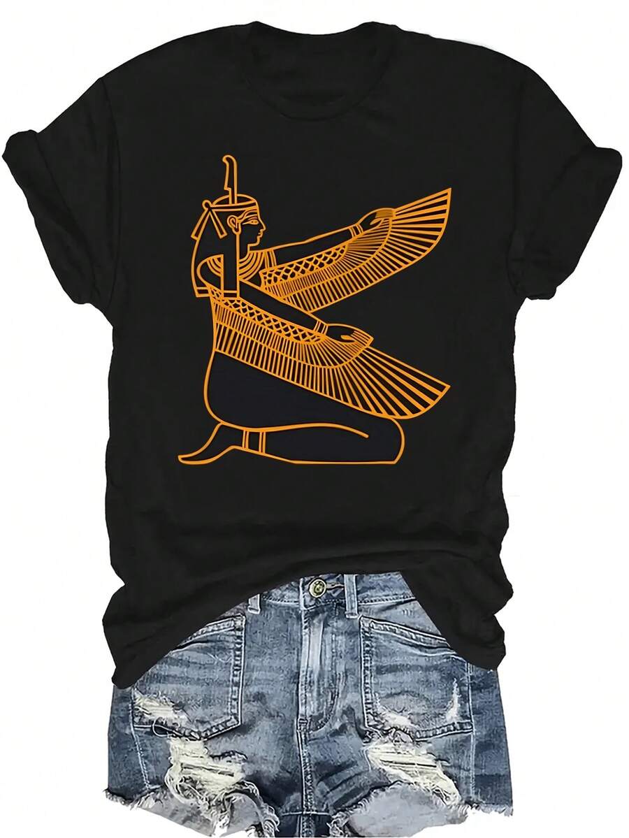 Camiseta con el jeroglífico del dios egipcio Ma de Egipto antiguo, para mujer y unisex, de verano, casual, transpirable, de personalidad, de cuello redondo, de manga corta, de uso versátil, adecuada para adolescentes y adultos - Negro - Ver 1