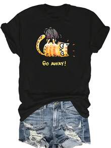 Camiseta con patrones interesantes para mujer y unisex, de verano, casual, transpirable, con cuello redondo, manga corta, estilo urbano y versátil, adecuada para adolescentes y adultos - Negro - Ver 1