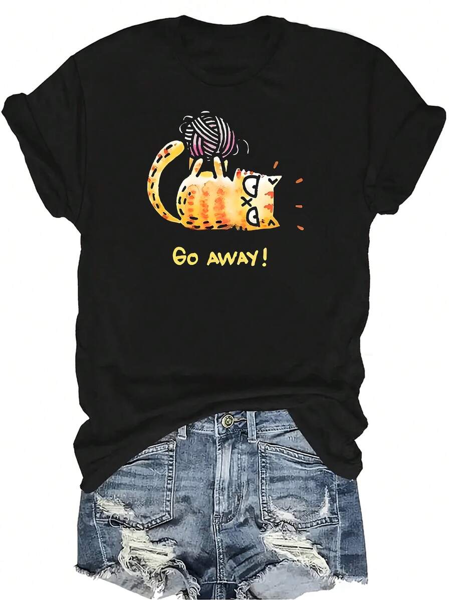 Camiseta con patrones interesantes para mujer y unisex, de verano, casual, transpirable, con cuello redondo, manga corta, estilo urbano y versátil, adecuada para adolescentes y adultos - Negro - Ver 1