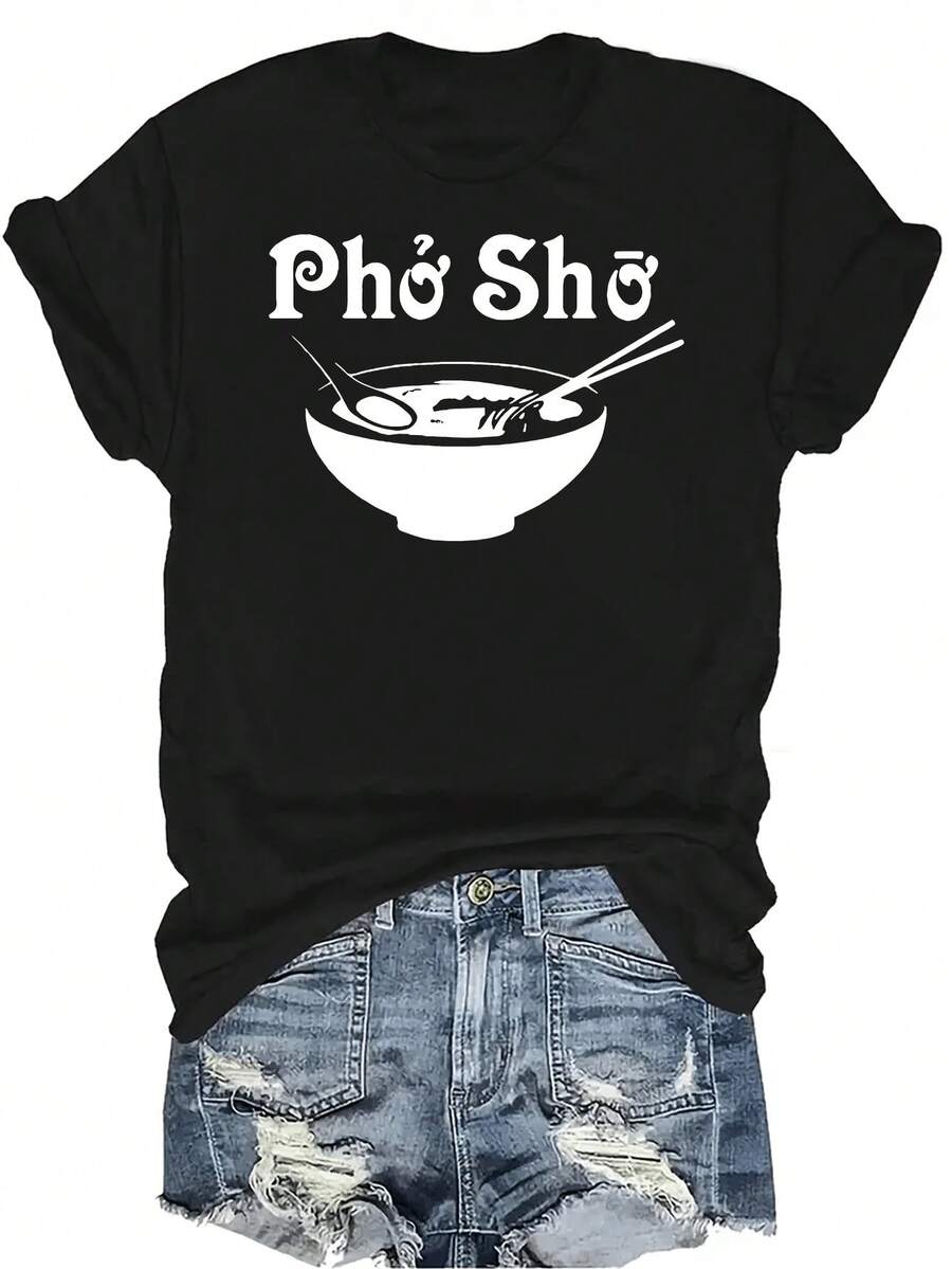 Camiseta con estampado de ramen para mujer y unisex, de verano, casual, transpirable, de cuello redondo, de manga corta, de uso versátil, adecuada para adolescentes y adultos - Negro - Ver 1