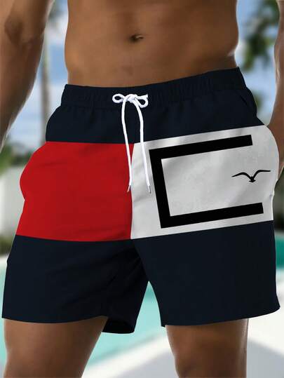 Pantalones cortos de verano para hombres con estampado impreso, cintura con cordón, bolsillo en diagonal, secado rápido de doble capa con forro de malla, estampado 3D a contraste de gaviota, pantalones de baño casuales y de playa de moda