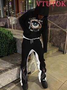 (2PC)Men's Casual Printed Hoodie And Sweatpants Set, Autumn And Winter Men's Sportswear, Men's Fashion  Sportswear With Printed  American Fashion  Patterns,Religious Faith Eyes - 黑色 - 查看 1