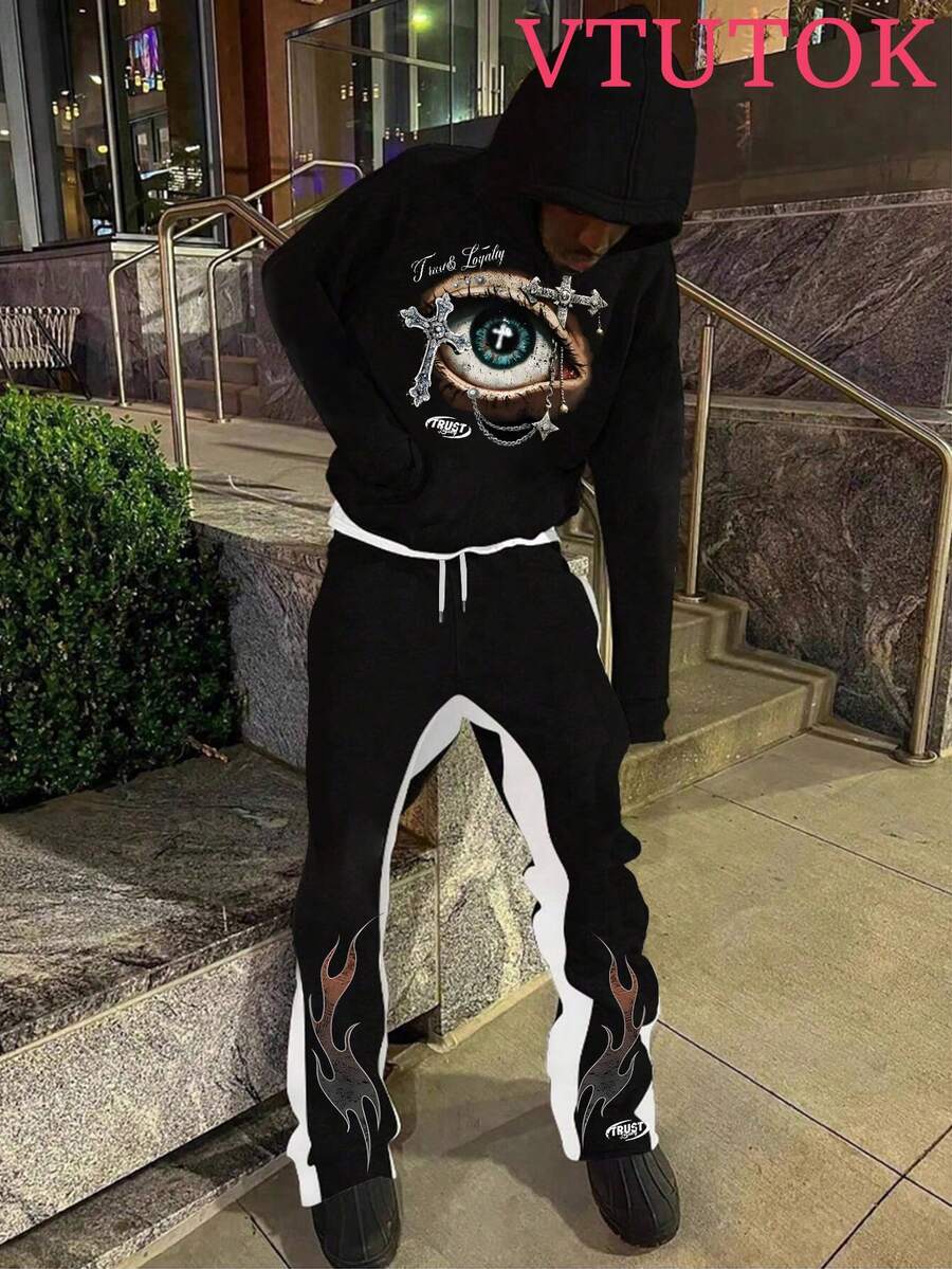 (2PC)Men's Casual Printed Hoodie And Sweatpants Set, Autumn And Winter Men's Sportswear, Men's Fashion  Sportswear With Printed  American Fashion  Patterns,Religious Faith Eyes - 黑色 - 查看 1