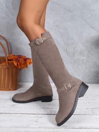 复古优雅时尚一脚蹬中跟及膝靴，新款秋冬女式棕色弹力绒面柔软中筒皮靴女式黑色休闲舒适扣环过膝靴