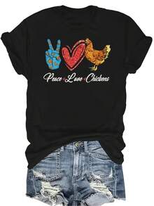 Camiseta "Paz, Amor y Pollos" para mujer y unisex, de verano, casual, transpirable y con personalidad. Cuello redondo, manga corta, estilo urbano y versátil, adecuada para adolescentes y adultos - Negro - Ver 1