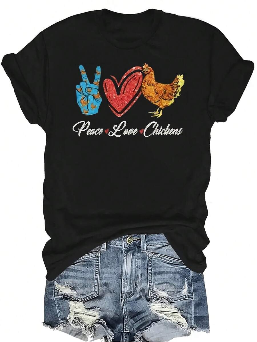 Camiseta "Paz, Amor y Pollos" para mujer y unisex, de verano, casual, transpirable y con personalidad. Cuello redondo, manga corta, estilo urbano y versátil, adecuada para adolescentes y adultos - Negro - Ver 1