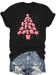 Camiseta con patrones interesantes para mujer y unisex, de verano, casual, transpirable, con cuello redondo, manga corta, estilo urbano y versátil, adecuada para adolescentes y adultos - Negro - Ver 1