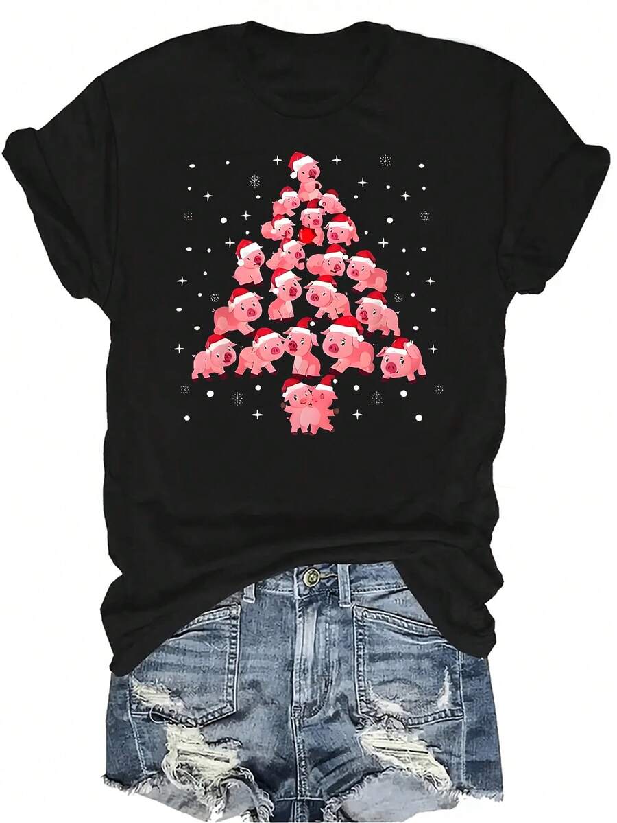 Camiseta con patrones interesantes para mujer y unisex, de verano, casual, transpirable, con cuello redondo, manga corta, estilo urbano y versátil, adecuada para adolescentes y adultos - Negro - Ver 1