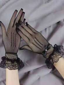 1 Pair Women's Elegant Short Gloves With Rhinestones, Mesh, Lace Trim And Bow Accent - White - View 5