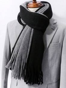 1入組男士時尚雙色灰白色保暖流蘇圍巾,適合日常穿著 - 彩色 - 查看 11