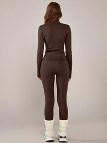 NcmRyu 1 Set Women's Fashion Elastic Zipper Collar Design Waist Cinching Butt Lifting Long Sleeve Workout Set