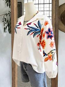 大码女式宽松休闲花卉印花衬衫，适合日常休闲和通勤穿着 - 彩色 - 查看 2