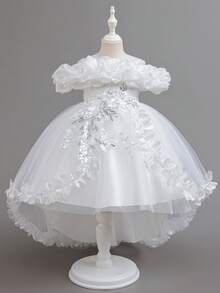 年轻女孩蕾丝串珠花朵花瓣优雅不对称下摆花童婚礼派对公主裙 - 白色 - 查看 3