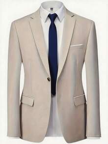 Men's Suit Translation Men's Suit, Business Casual Style, Men's Solid-Color Minimalist Daily Wear Long-Sleeve Suit Set, Including A Long-Sleeve Suit With Lapel Design And Matching Trousers. Suitable For Daily Leisure, Work Commuting, Weddings, Dances, Business And Other Occasions, Featuring A Minimalist And Elegant Style. - 米色 - 查看 3