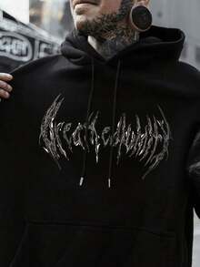Men Dark Style Graphic Print Drawstring Hoodie, Extremely Cool, Essential For Streetwear, Emo Style, 2000s Style, Fall, Long Sleeve Top - Black - View 3