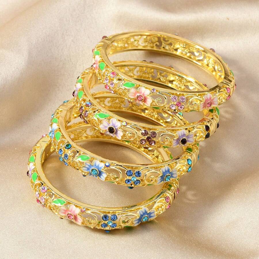 1pc Luxurious And Gorgeous National Style Cloisonné Oil-Dripping Lucky Four-Leaf Clover Single-Layer Bracelet, Fashionable, Elegant And High-End, Suitable For Girls To Wear Daily When Going Out, And Also A Surprise Gift For Family And Friends - 彩色 - 查看 1