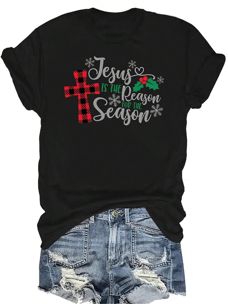 Camiseta "Jesús es la razón de esta temporada" para mujer y unisex, de verano, casual, transpirable, con personalidad, cuello redondo, manga corta, ropa de calle, versátil, adecuada para adolescentes y adultos - Negro - Ver 1