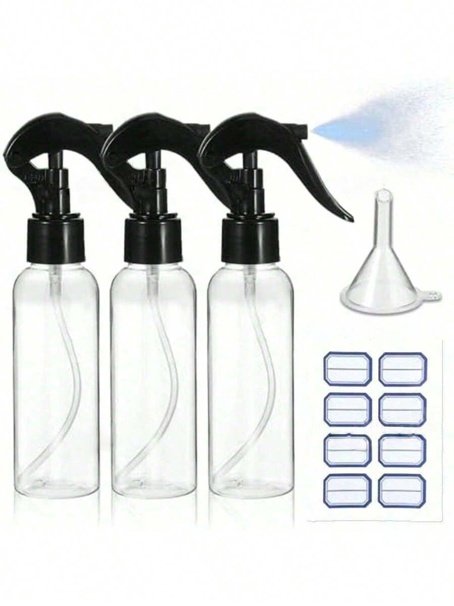 Pack Of 3 Spray Bottles, 100 Ml Small Spray Bottles For Filling, Transparent, Empty, Fine Mist Spray Bottle With Labels, Funnels, Travel Atomiser For Liquid, Cosmetics, Cleaning, Personal Care - Multicolor - View 1