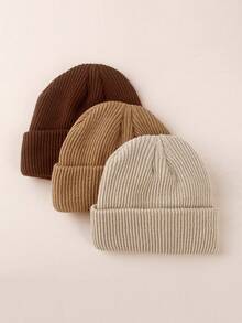 3pcs Pack Unisex Kids Knit Solid Color Warm Beanie Hats,Suitable For Autumn And Winter - Multicolor - View 6