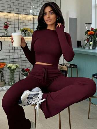 Women's Fashion Short Long Sleeve Top + Slim Fit Tie Waist Flare Pants Sports Set, Elegant Autumn/Winter Style, Halloween Outfit