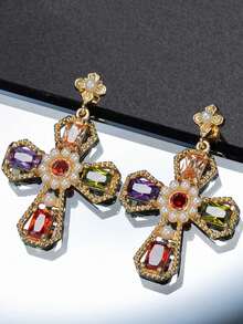 Pair Of Fashionable Gorgeous Cross Flowers Colorful Pearl Women's Copper Earrings - Multicolor - View 13