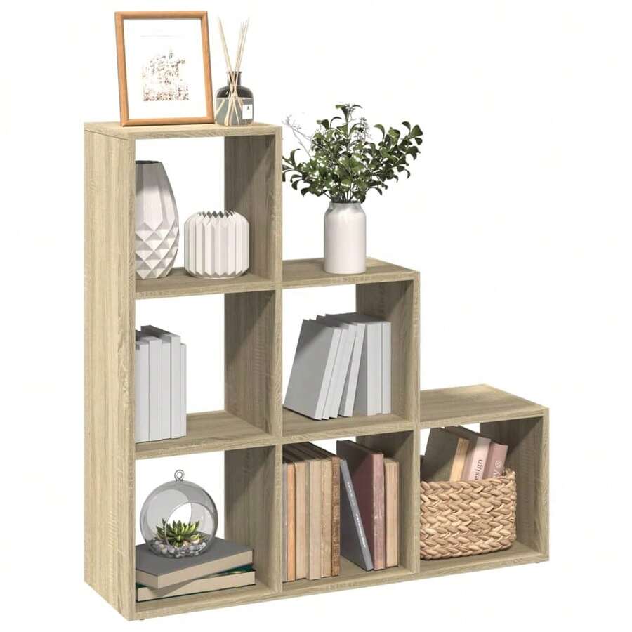 Estante divisor de ambientes de 3 niveles Larryhot Roble Sonoma 99x29x99 cm, Resistente y duradero, Fácil de montar, Estilo decorativo, Adecuado para guardar adornos, figuras, libros, artículos pequeños, etc. - Marrón - Ver 1
