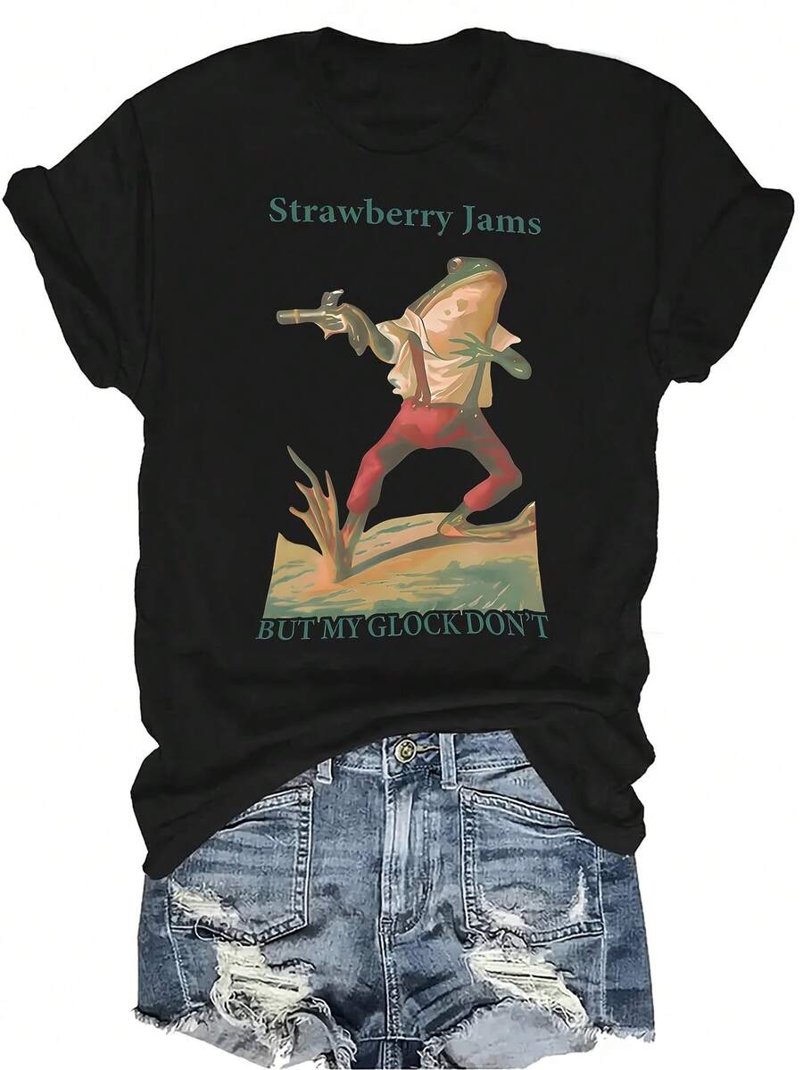 Camiseta de rana para mujer y unisex, de verano, casual, transpirable, con cuello redondo, manga corta, estilo callejero y versátil, adecuada para adolescentes y adultos - Negro - Ver 1