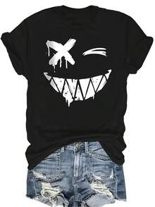 Camiseta con estampado de sonrisa para mujer y unisex, de verano, casual, transpirable, de cuello redondo, de manga corta, de uso versátil, adecuada para adolescentes y adultos - Negro - Ver 1
