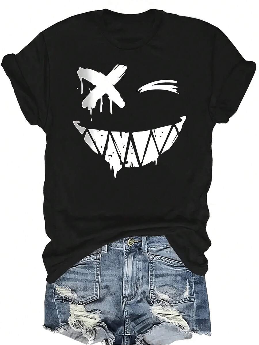 Camiseta con estampado de sonrisa para mujer y unisex, de verano, casual, transpirable, de cuello redondo, de manga corta, de uso versátil, adecuada para adolescentes y adultos - Negro - Ver 1