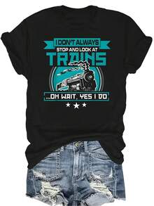 Camiseta de tren para mujer y unisex, de verano, casual, transpirable, con cuello redondo, de manga corta, de estilo urbano y versátil, adecuada para adolescentes y adultos - Negro - Ver 1