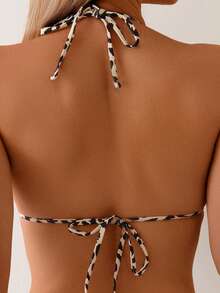 Leopard Print Twist Back Tie Halter Neck Bikini Set, Suitable For Beach Vacation - Coffee Brown - View 5