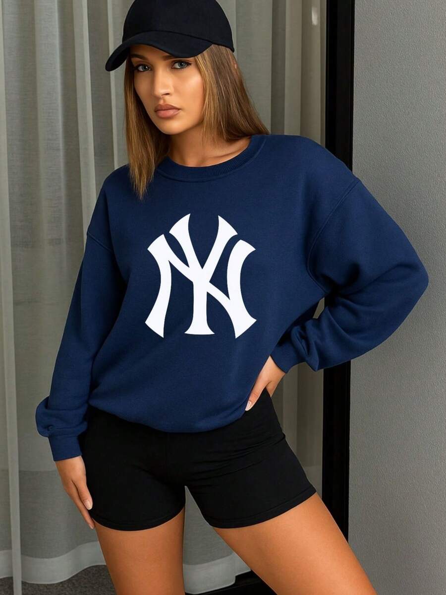 Ropa cómoda mujer Sudadera cuello redondo Sudadera de felpa - Azul Marino - Ver 1