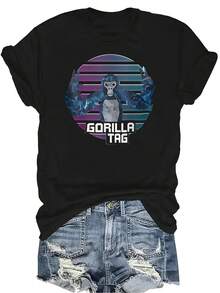 Camiseta con patrones interesantes para mujer y unisex, de verano, casual, transpirable, con cuello redondo, manga corta, estilo urbano y versátil, adecuada para adolescentes y adultos - Negro - Ver 1